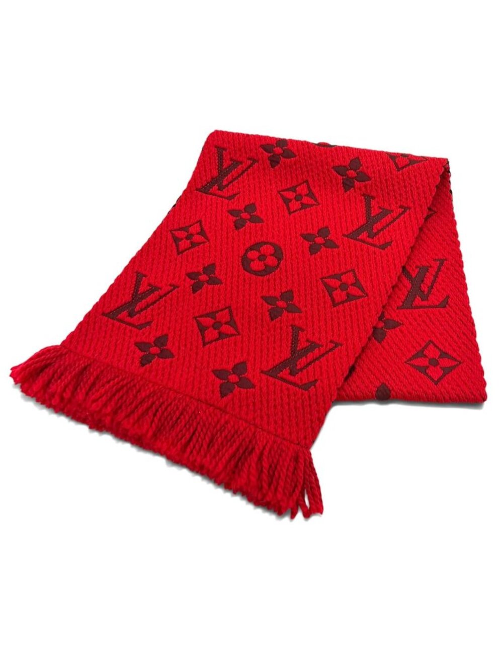 Louis Vuitton Logomania Scarf Wool Silk Blend Ruby Fringe